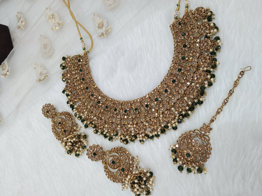 Antique Gold Green Necklace Jewellery Set/ dark gold Indian Bridal perm Jewellery Online