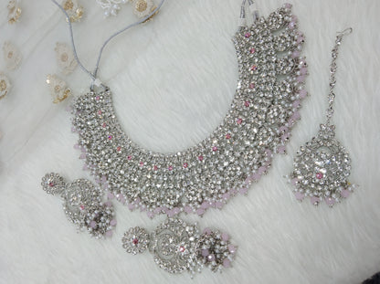 Silver Pink Necklace Set/ Silver pink  Indian Bridal perm Jewellery