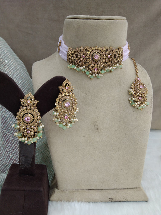 Indian Jewelry/Dark gold pista pink choker necklace Set /Imly Jewellery Set