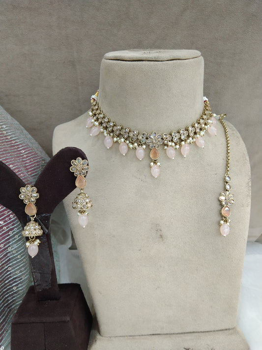 Indian  Jewellery Antique gold peach choker Tikka Set/Gold Bollywood Tauranga Set