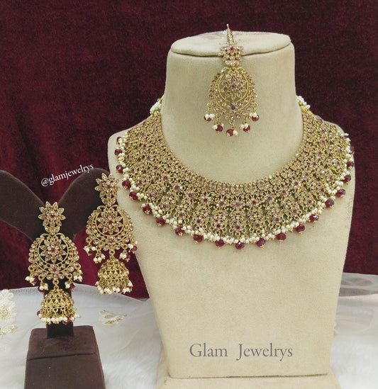 Indian  Jewellery/Semi bridal gold maroon jewellery necklace set/ necklace darwin Set