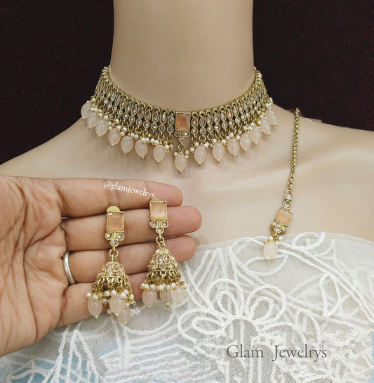 Indian jewellery Choker Set/Dark gold peach choker Jewellery set dunedin Indian choker set