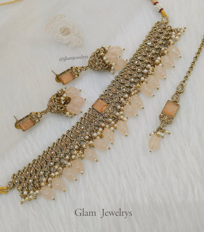 Indian jewellery Choker Set/Dark gold peach choker Jewellery set dunedin Indian choker set