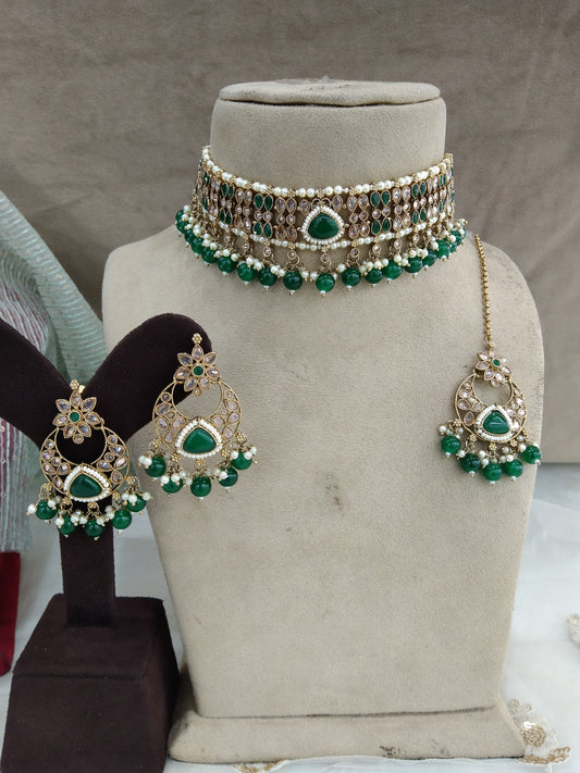 Antique Gold Green choker Set/ dark gold choker Indian trenton Jewellery