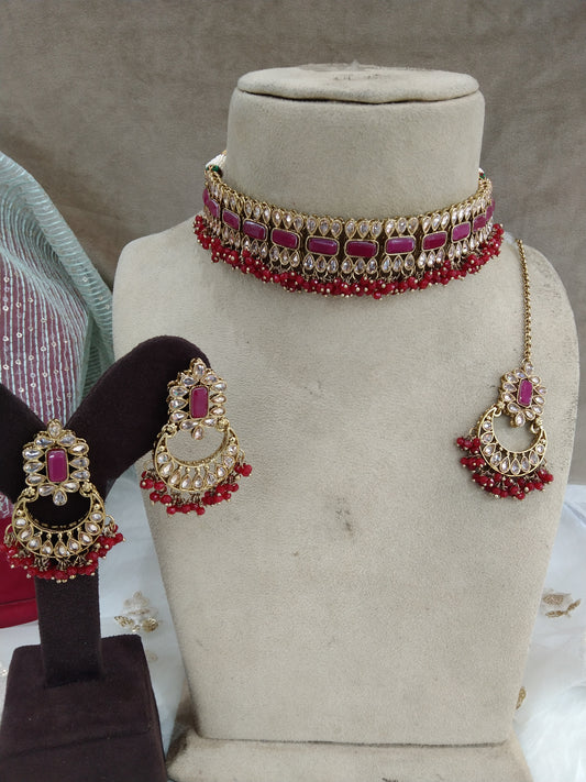 Indian  Jewellery /Dark Gold maroon choker Set/Indian choker Mehndi Polish ashley necklace