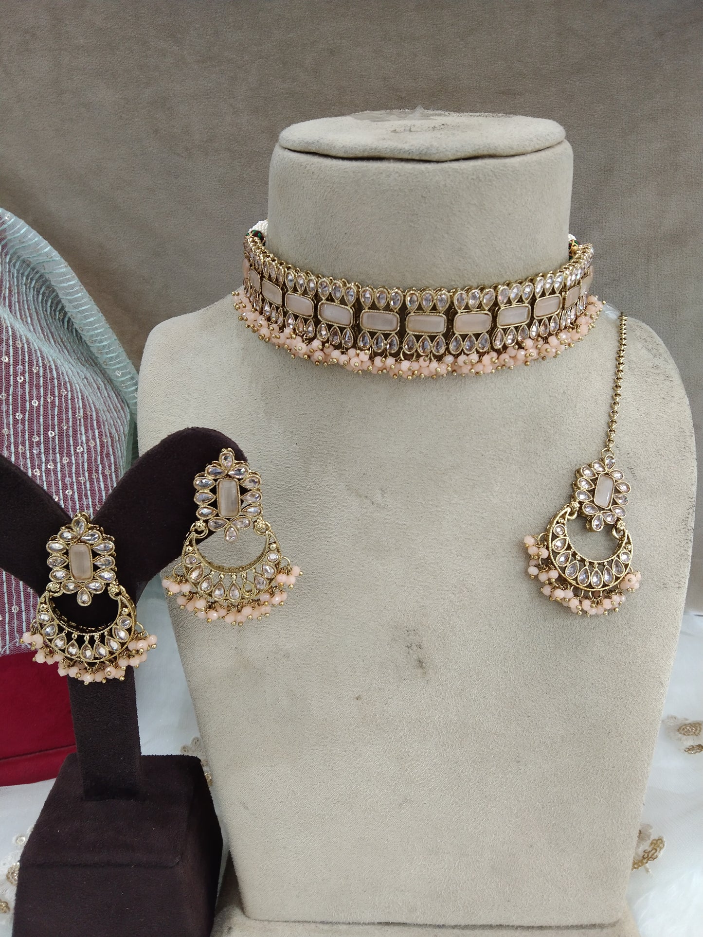 Indian  Jewellery /Dark Gold peach choker Set/Indian choker Mehndi Polish ashley necklace