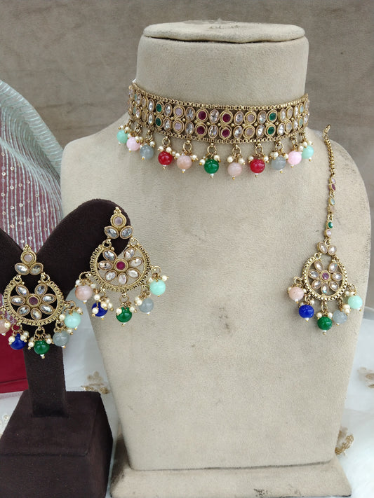 Antique Gold Choker Jewellery  Set/ dark gold multicolor choker Indian timi Jewellery Online