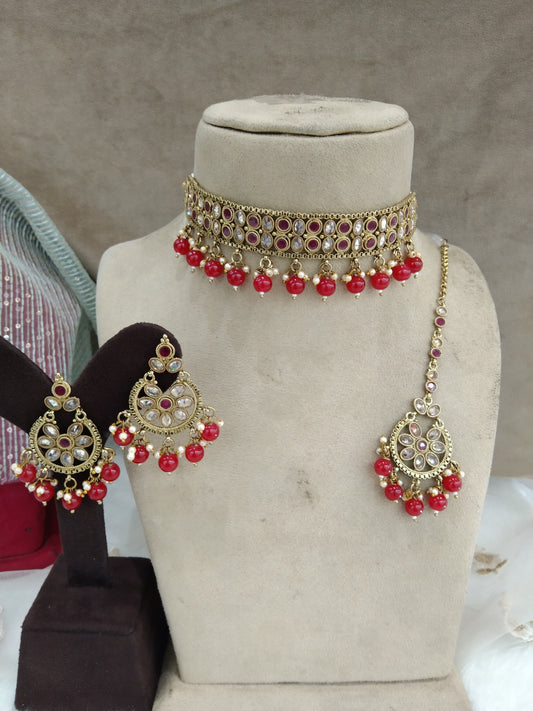 Antique  Gold Choker Set/ dark gold red choker Indian timi Jewellery