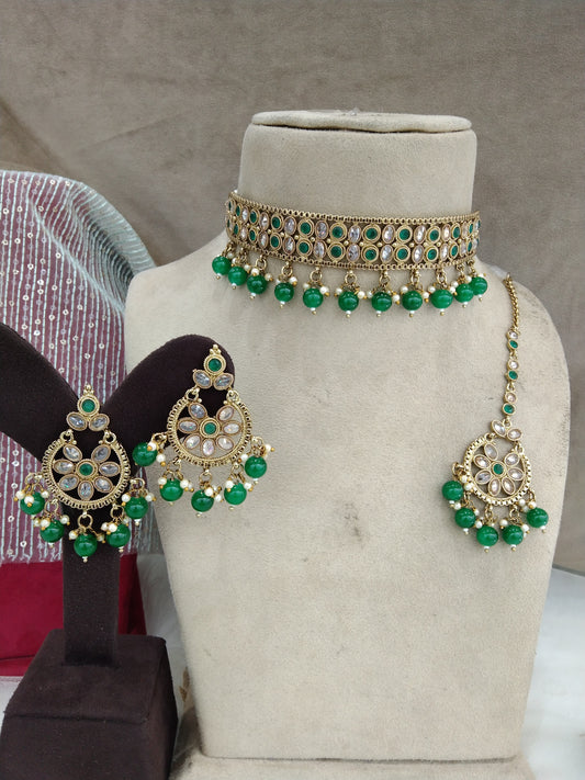 Antique Gold Wedding  Choker Jewellery Set/ dark gold green choker Indian timi Jewellery Online