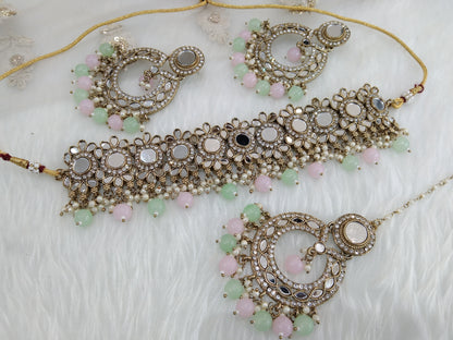 Indian  Jewellery mirror Kundan pastel green pink choker Bridal Gold Finish choker line Set