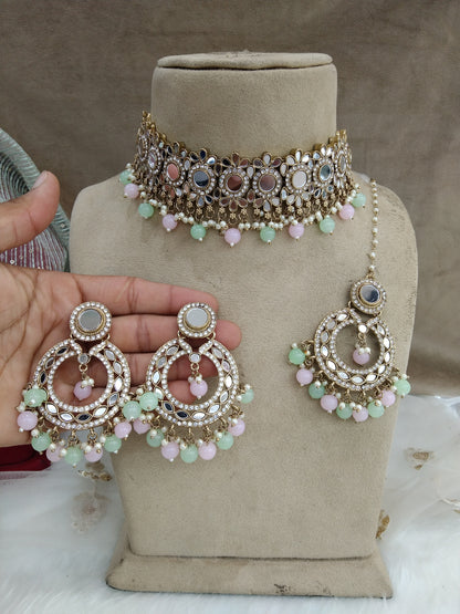 Indian  Jewellery mirror Kundan pastel green pink choker Bridal Gold Finish choker line Set