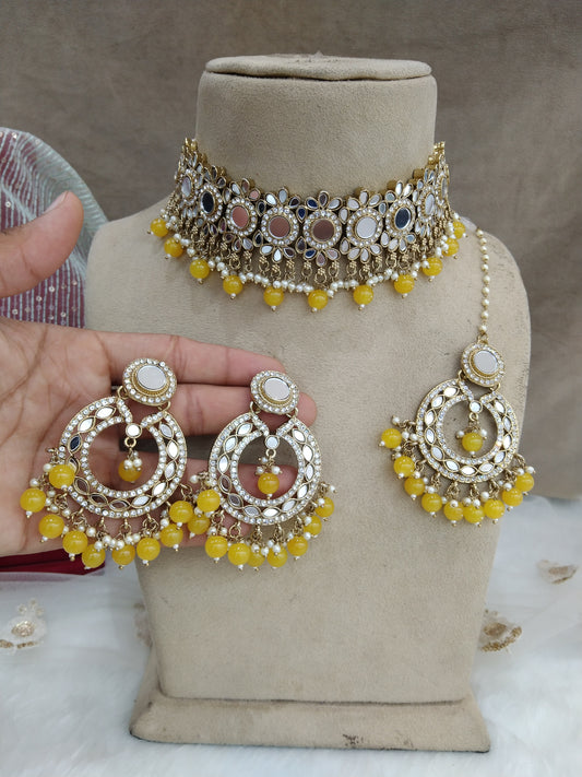 Indian  Jewellery mirror Kundan yellow choker Bridal Gold Finish choker line Set