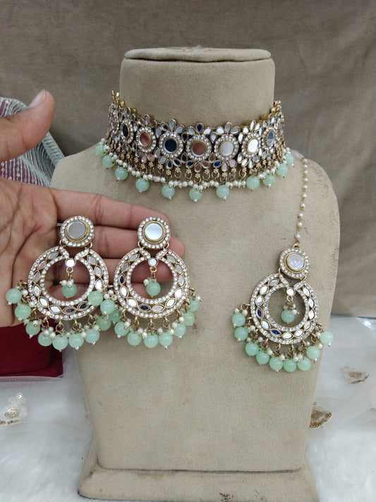 Indian  Jewellery mirror Kundan pastel green choker Bridal Gold Finish choker line Set