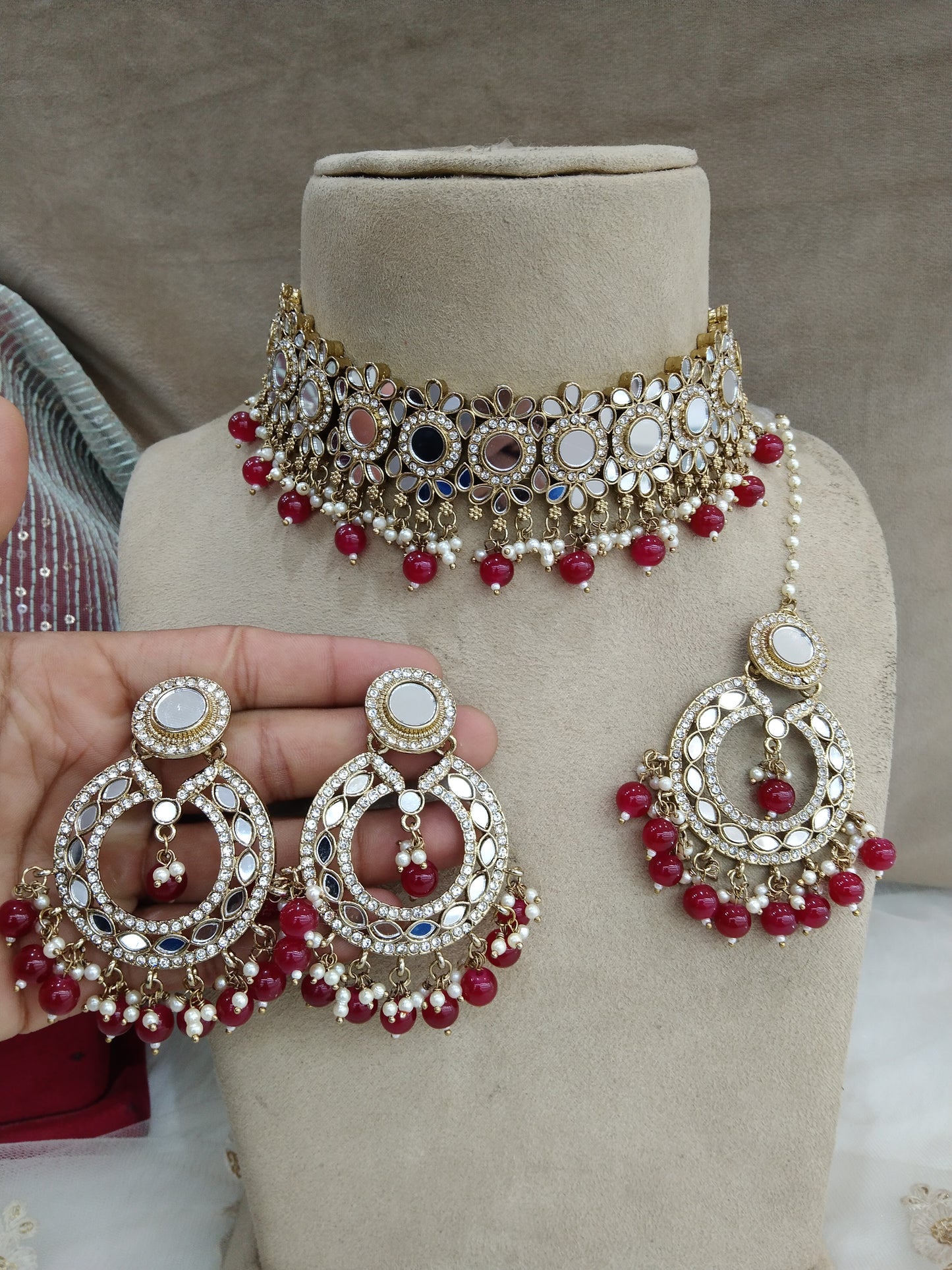 Indian  Jewellery mirror Kundan maroon choker Bridal Gold Finish choker line Set