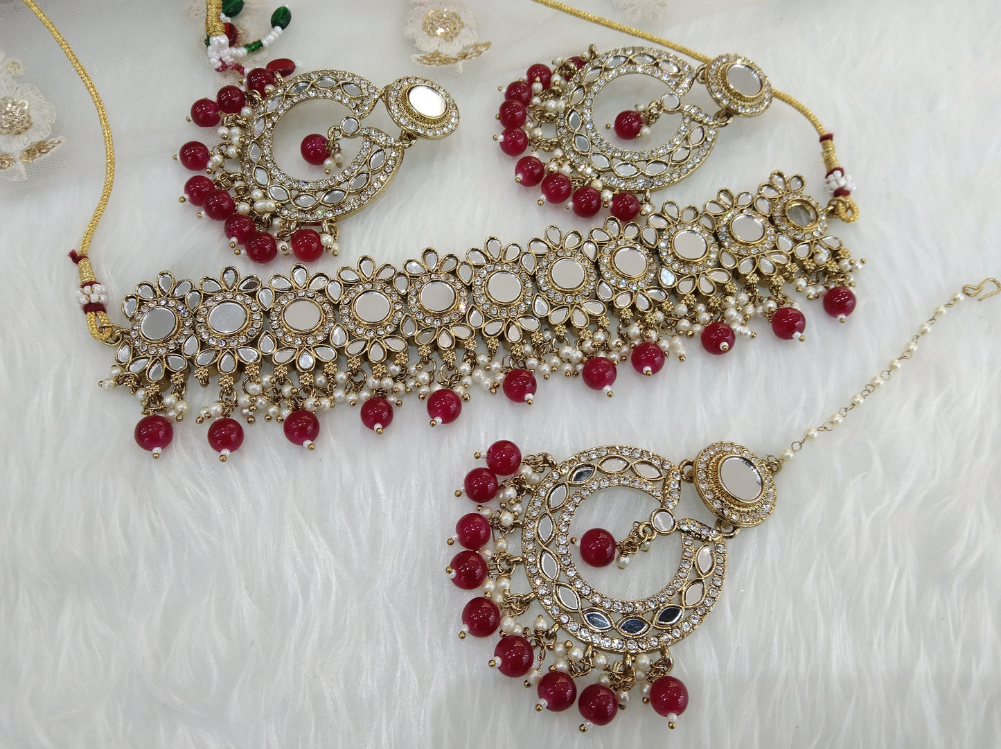 Indian  Jewellery mirror Kundan maroon choker Bridal Gold Finish choker line Set