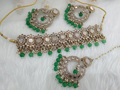 Indian  Jewellery mirror Kundan grey choker Bridal Gold Finish choker line Set