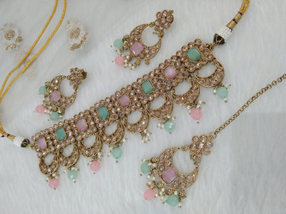 Antique Gold  Choker Jewellery  Set/ dark gold seagreen pink choker Indian singham Jewellery Online