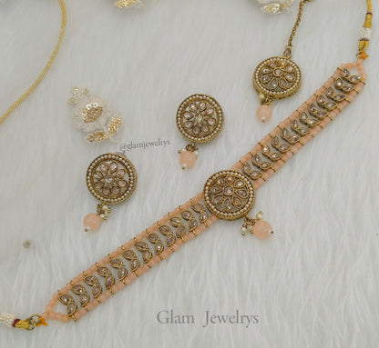 Indian Jewellery Choker Set/Antique Gold peach choker Studs Earrings Set/Gold Indian  rita choler set