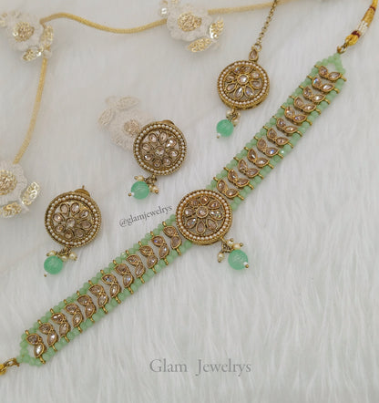 Indian jewellery choker Set/Antique gold pastel green choker studs earrings set/Gold indian  rita choker set