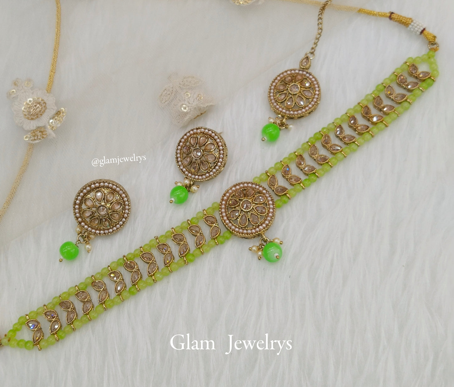 Indian jewellery choker Set/Antique gold neon green choker studs earrings set/Gold indian  rita choker set