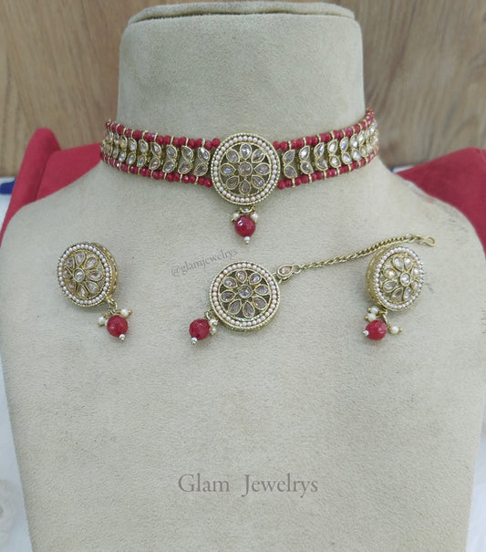 Indian jewellery choker Set/Antique gold maroon choker studs earrings set/Gold indian  rita choker set