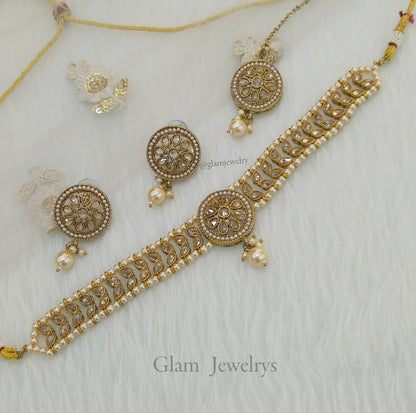 Indian jewellery choker Set/Antique gold choker studs earrings set/Gold indian  rita choker set