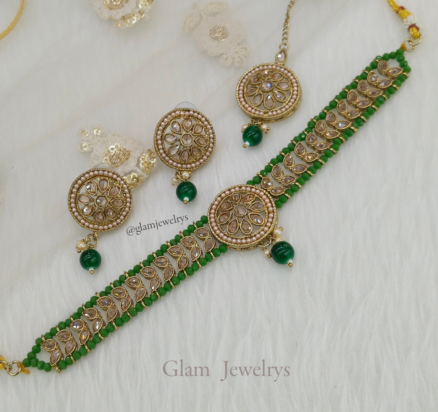 Indian jewellery choker Set/Antique gold green choker studs earrings set/Gold indian  rita choker set