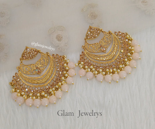 Indian kundan earrings jewellery/peach big chandbali earrings/polki indian earrings situ