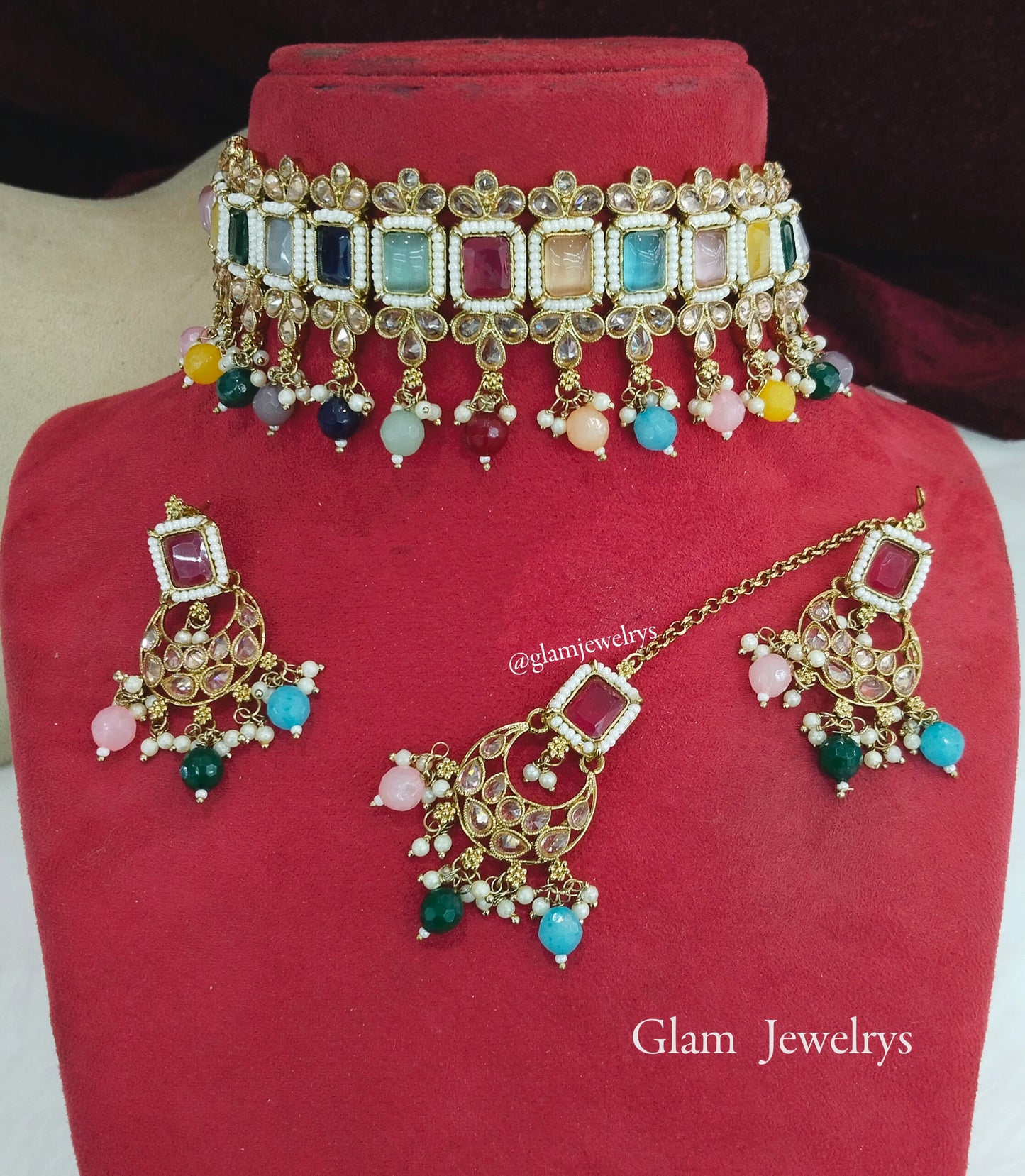 Antique Gold Wedding Choker Jewellery Set/ dark gold multicolor choker Indian sintu Jewellery Online
