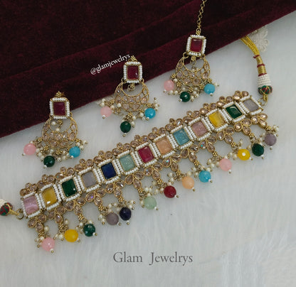 Antique Gold Wedding Choker Jewellery Set/ dark gold multicolor choker Indian sintu Jewellery Online