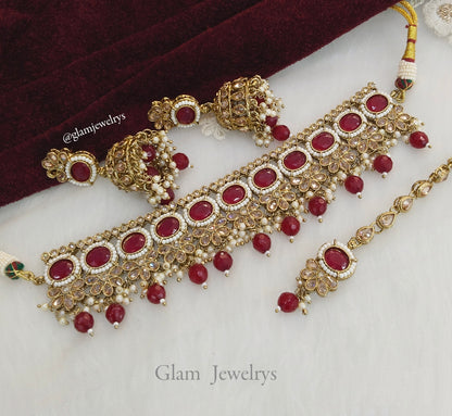 Antique Gold Choker Set/ dark gold maroon choker Indian sintu Jewellery