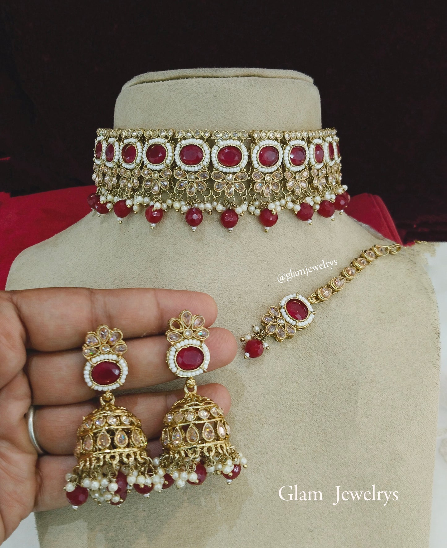 Antique Gold Choker Set/ dark gold maroon choker Indian sintu Jewellery