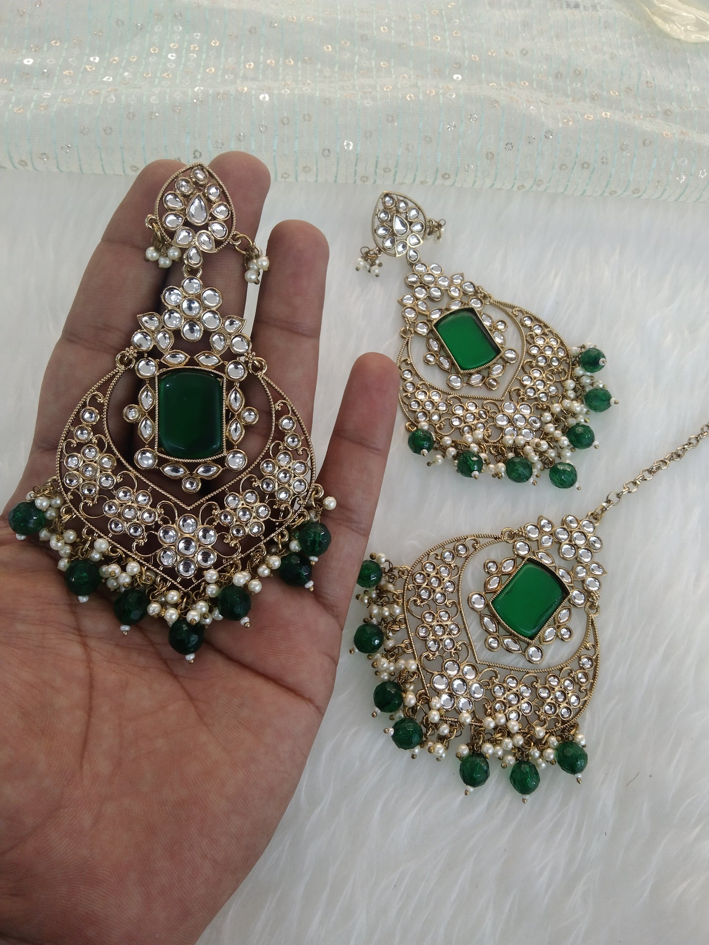 Indian Kundan Earrings Jewellery/Green Kundan Earrings tikka set/ bollywood Earrings say Set