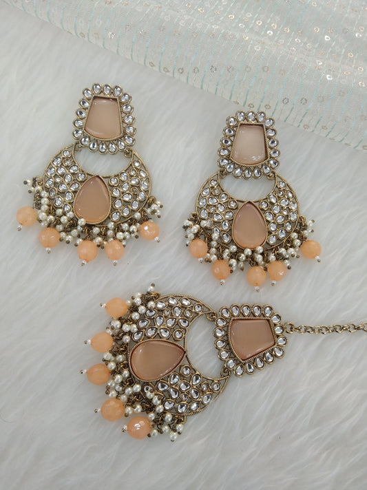 Indian Kundan Earrings Jewellery/peach Kundan Earrings tikka set/ bollywood Earrings pulsar Set