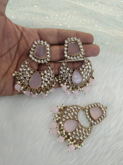 Indian Kundan Earrings Jewellery/pink Kundan Earrings tikka set/ bollywood Earrings pulsar Set