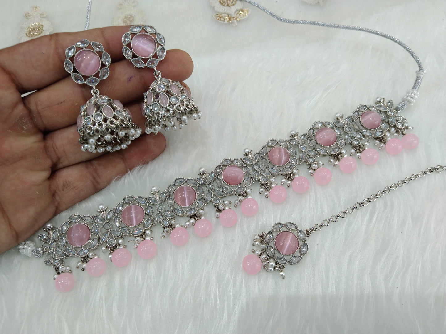 Indian  jewellery choker set/Rhodium finish silver pink choker set bridal bendigo jewellery