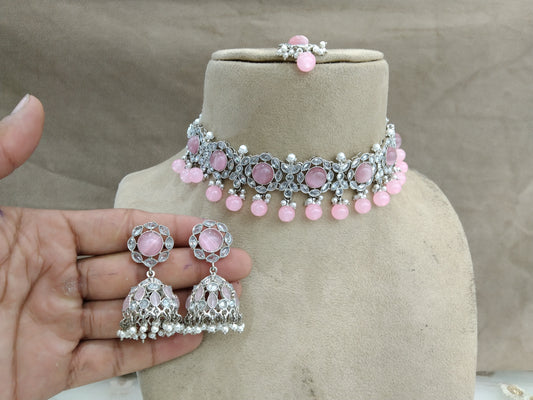 Indian  jewellery choker set/Rhodium finish silver pink choker set bridal bendigo jewellery