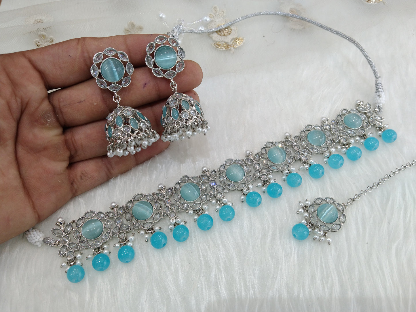 Indian  jewellery choker set/Rhodium finish silver sky blue choker set bridal bendigo jewellery