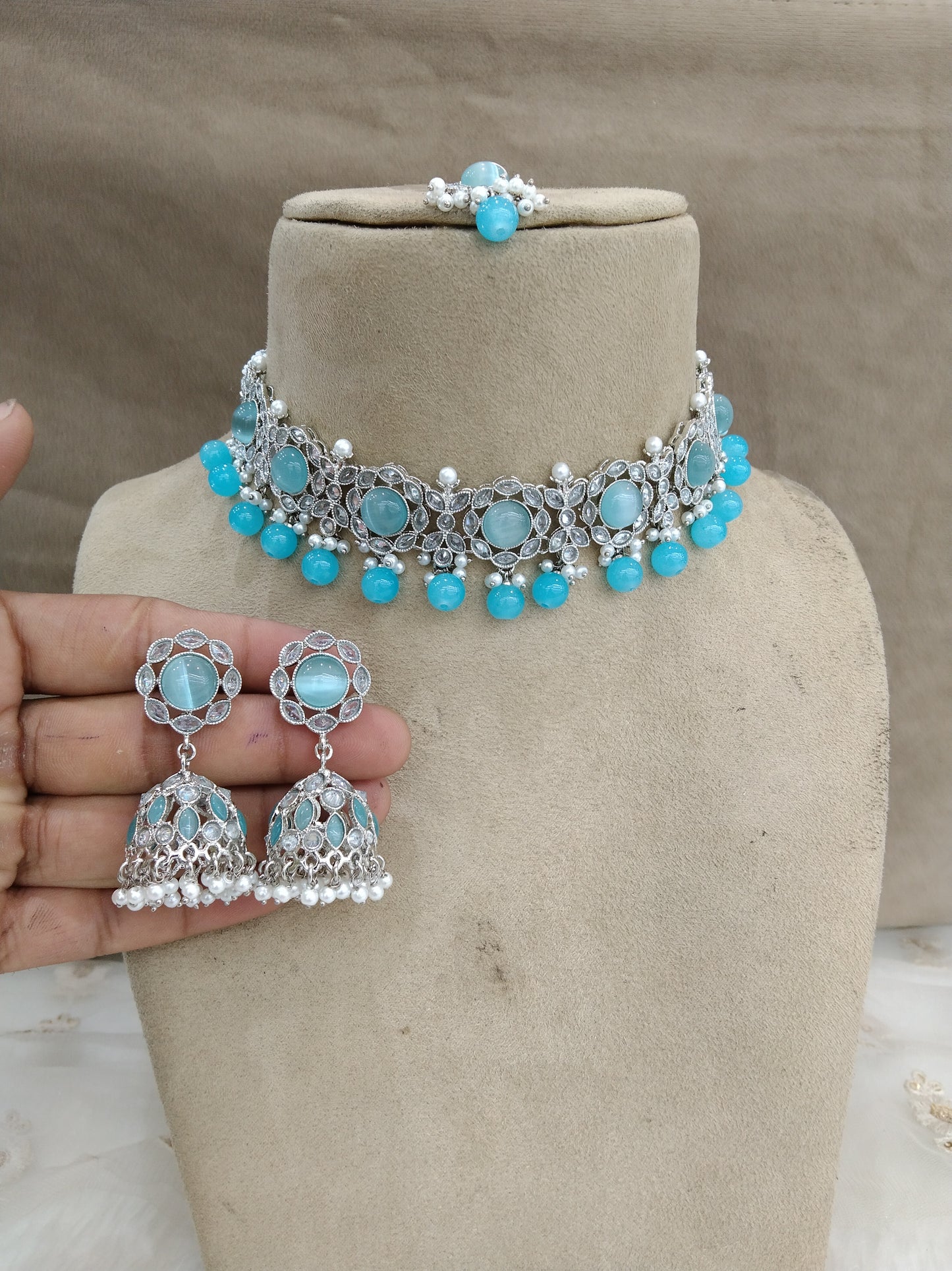 Indian  jewellery choker set/Rhodium finish silver sky blue choker set bridal bendigo jewellery