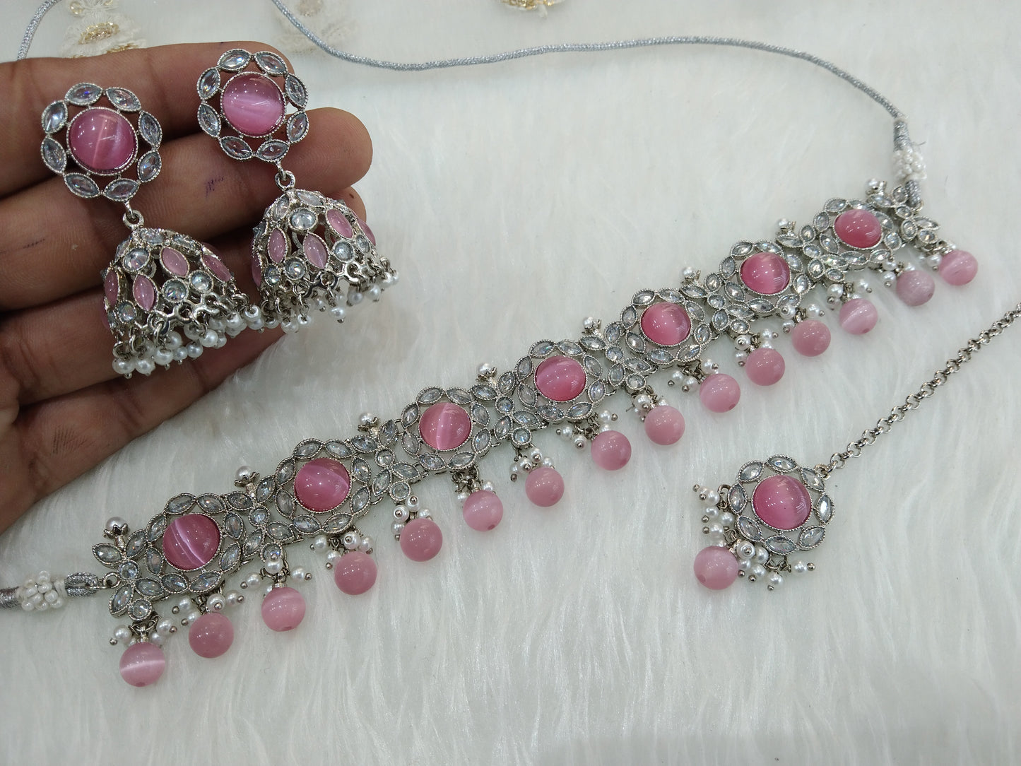 Indian  jewellery choker set/Rhodium finish silver gajjri pink choker set bridal bendigo jewellery