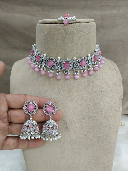 Indian  jewellery choker set/Rhodium finish silver seagreen pink choker set bridal bendigo jewellery