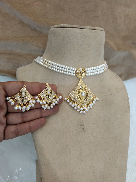 Choker Necklace Set/Jadau Gold white Indian Choker Set/ Punjabi Indian Jewellery