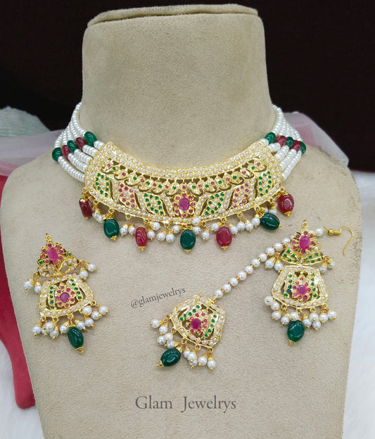 Choker Necklace Set/Jadau Gold ruby green Indian Choker Set/ Punjabi Indian supriya Jewellery