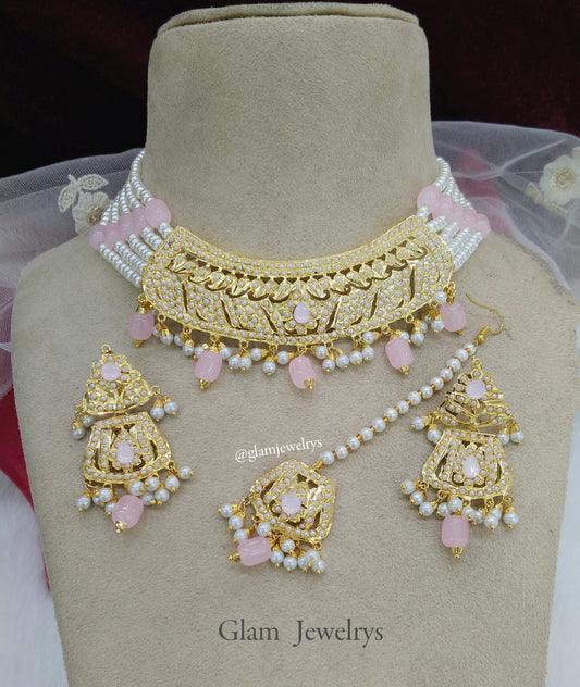 Choker Necklace Set/Jadau Gold pink Indian Choker Set/ Punjabi Indian supriya Jewellery