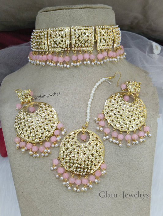 Choker Set/Jadau Gold  Indian pink Choker Set/ Punjabi Indian sapna Jewellery