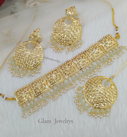 Choker Set/Jadau Gold  Indian pink mint Choker Set/ Punjabi Indian sapna Jewellery