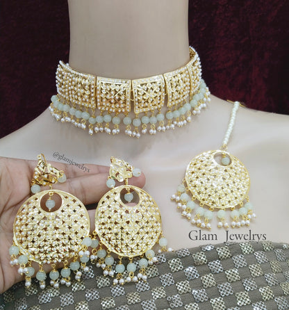 Choker Set/Jadau Gold  Indian pink mint Choker Set/ Punjabi Indian sapna Jewellery