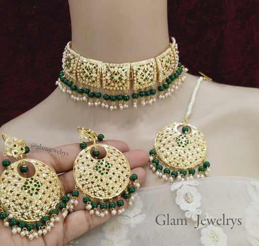 Choker Set/Jadau Gold  Indian green Choker Set/ Punjabi Indian sapna Jewellery