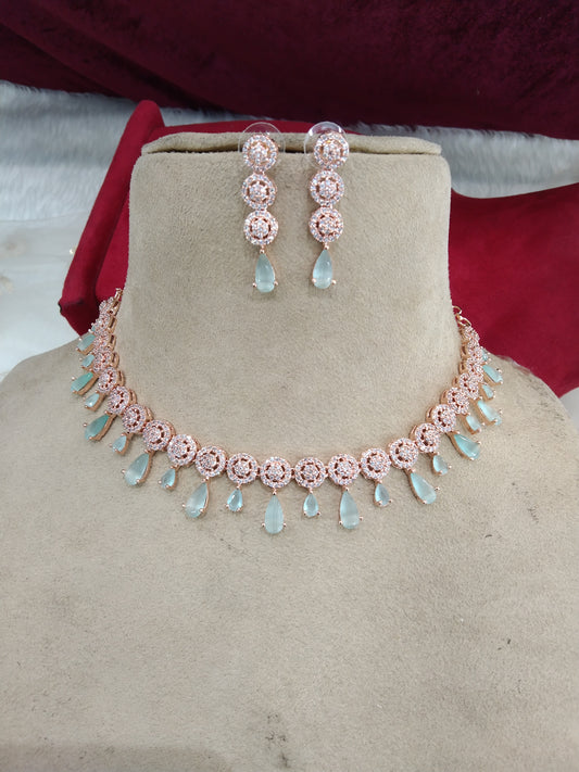 Cubic Zirconia Diamond necklace Earrings set, rose gold sea green dani necklace earrings jewellery statement necklace set