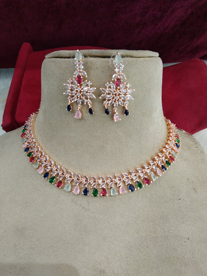 Cubic Zirconia Diamond necklace Earrings set, Rose multicolor bridal necklace earrings jewellery phoenix necklace